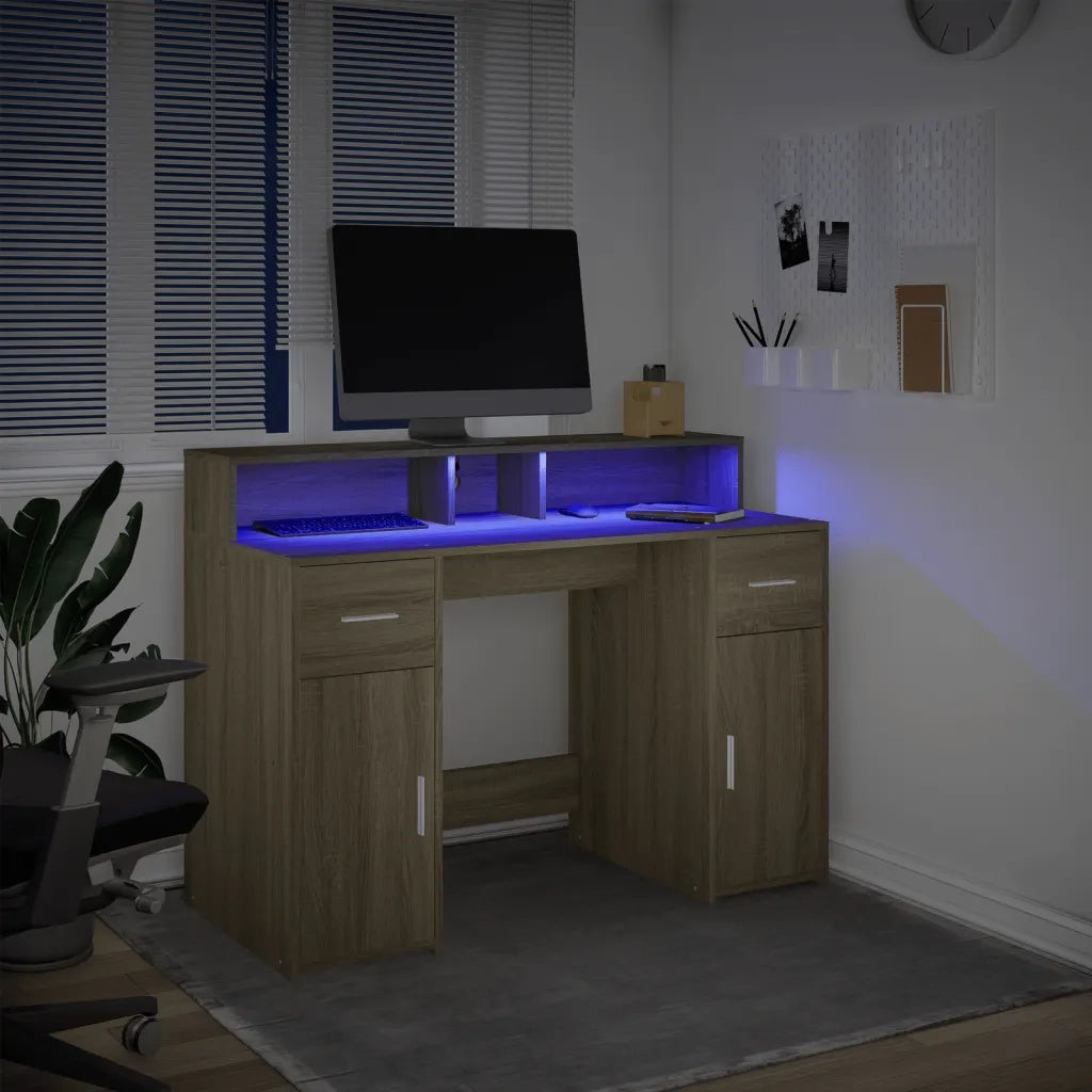 Scrivania | Tavolo da Ufficio con Luci LED Rovere Sonoma 120x55x91cm in Multistrato