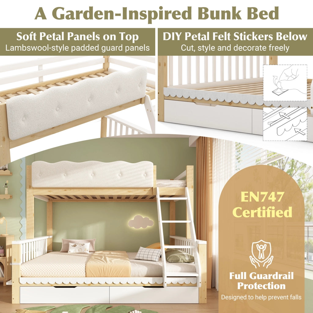 Letto a castello in legno 90x200/140x200 cm con parapetto nuvola; 2 cassetti; portariviste e certificazione EN 747:2024; bianco/rovere