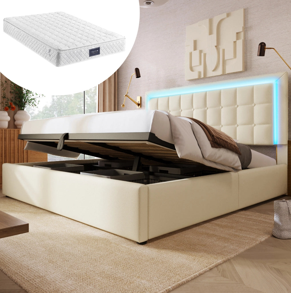 Letto matrimoniale contenitore 160 x 200 cm con LED, rete e materasso