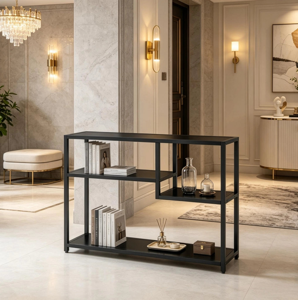 TAVOLO CONSOLLE 110x30x85 cm 4 Ripiani Nero Metallo e Legno