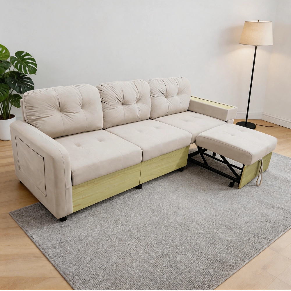 Divano Angolare 3 Posti con Penisola Estraibile, Contenitore e Braccioli in Legno ¨C MINIMAL ¨C Velluto Verde/Beige