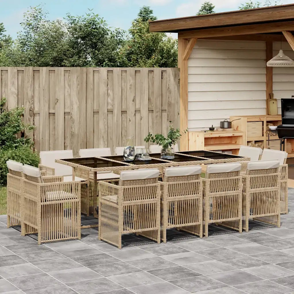 Set da Pranzo da Giardino 13 pz con Cuscini Beige in Polyrattan