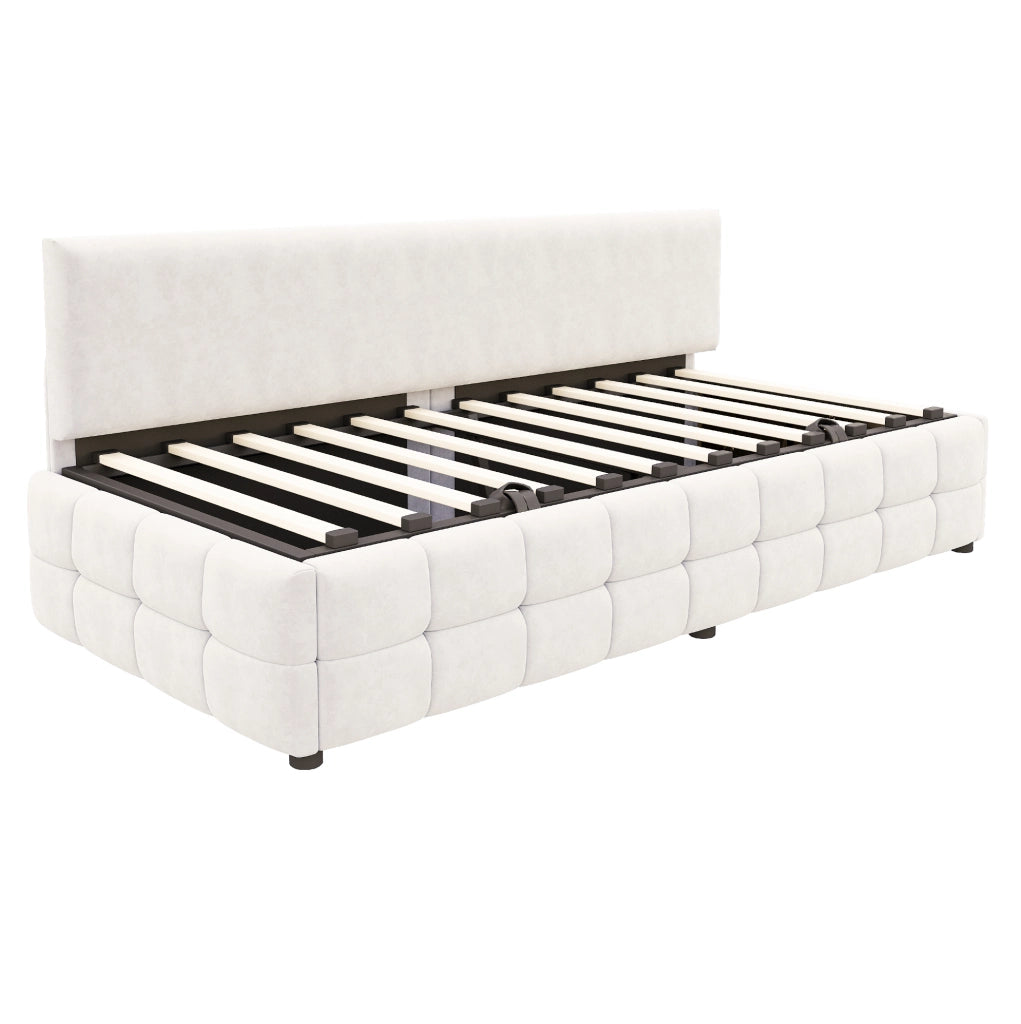 Divano letto singolo imbottito 90x200 cm con contenitore idraulico e schienale; velluto beige