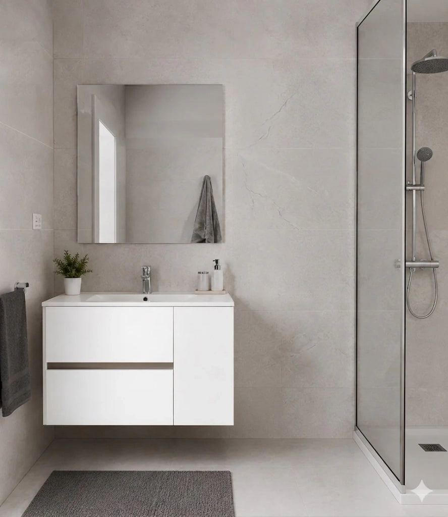 Mobile Bagno HEIMDALL Già Montato 2 cassetti e porta, lavabo e specchio Bianco lucido 90x40 cm