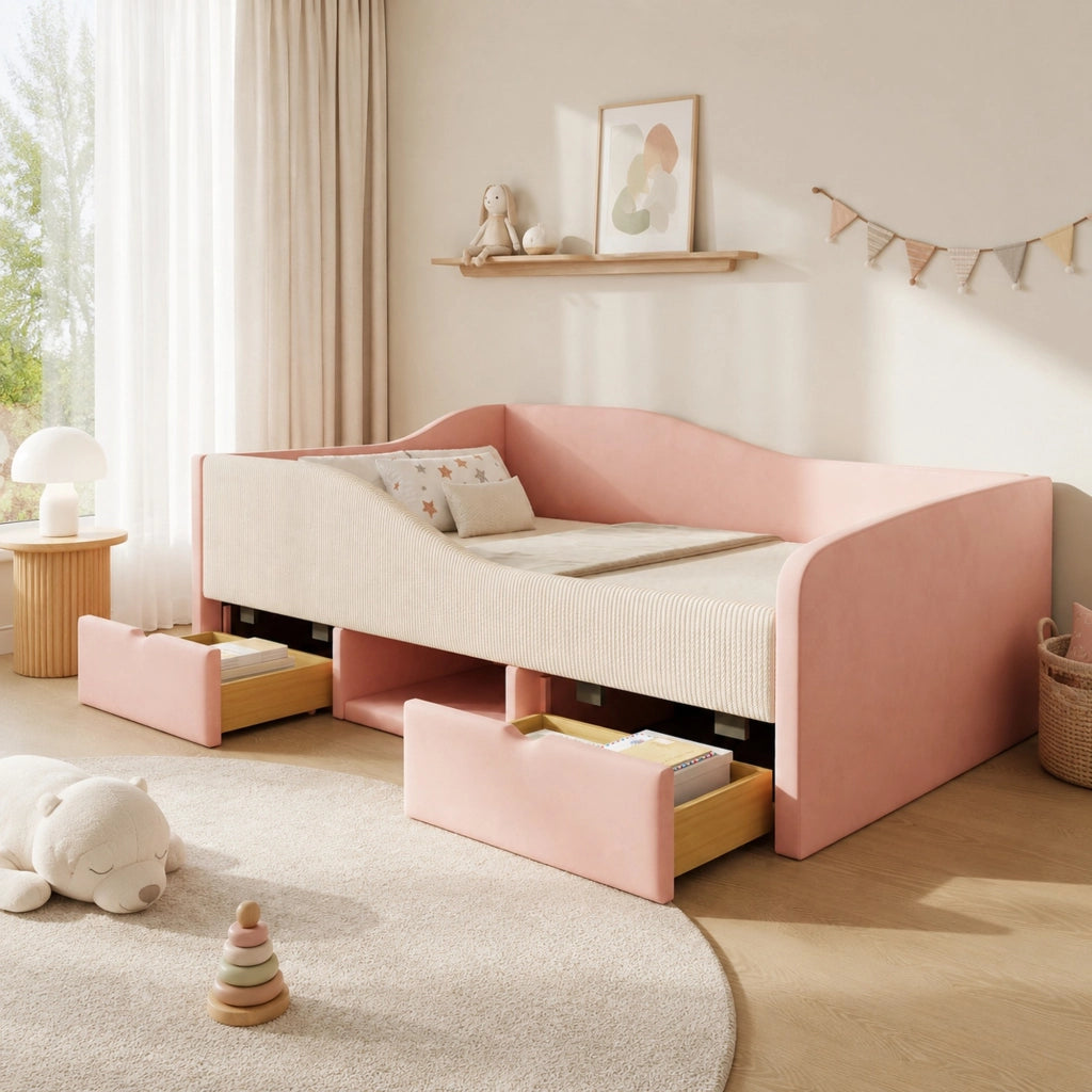 Letto imbottito per bambini 90x190 cm in velluto rosa e bianco; con sponde e contenitore