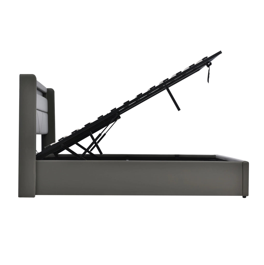 Letto imbottito 140x200 cm con contenitore; LED e sollevamento idraulico; PU grigio