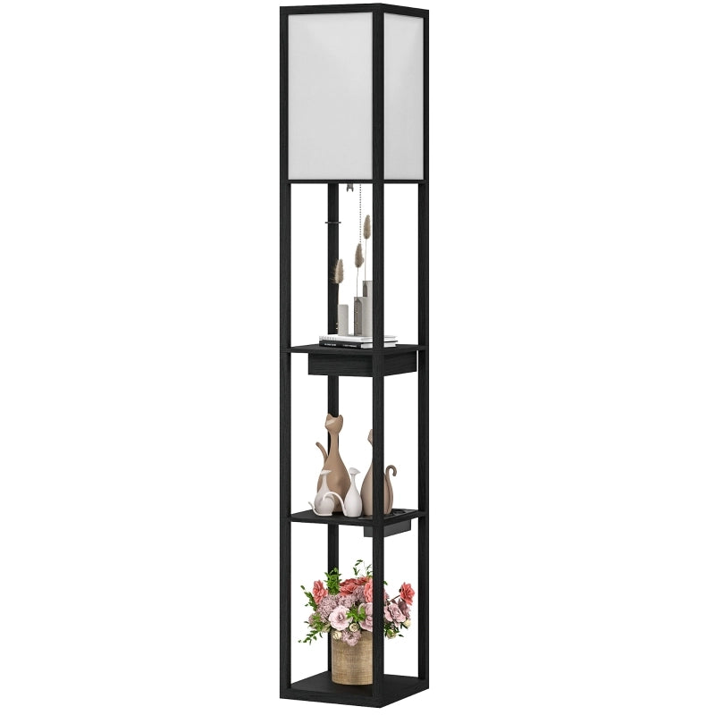Lampada da terra con ripiani, prese USB-A/USB-C e presa standard, paralume in tessuto, nero, 26x26x159 cm