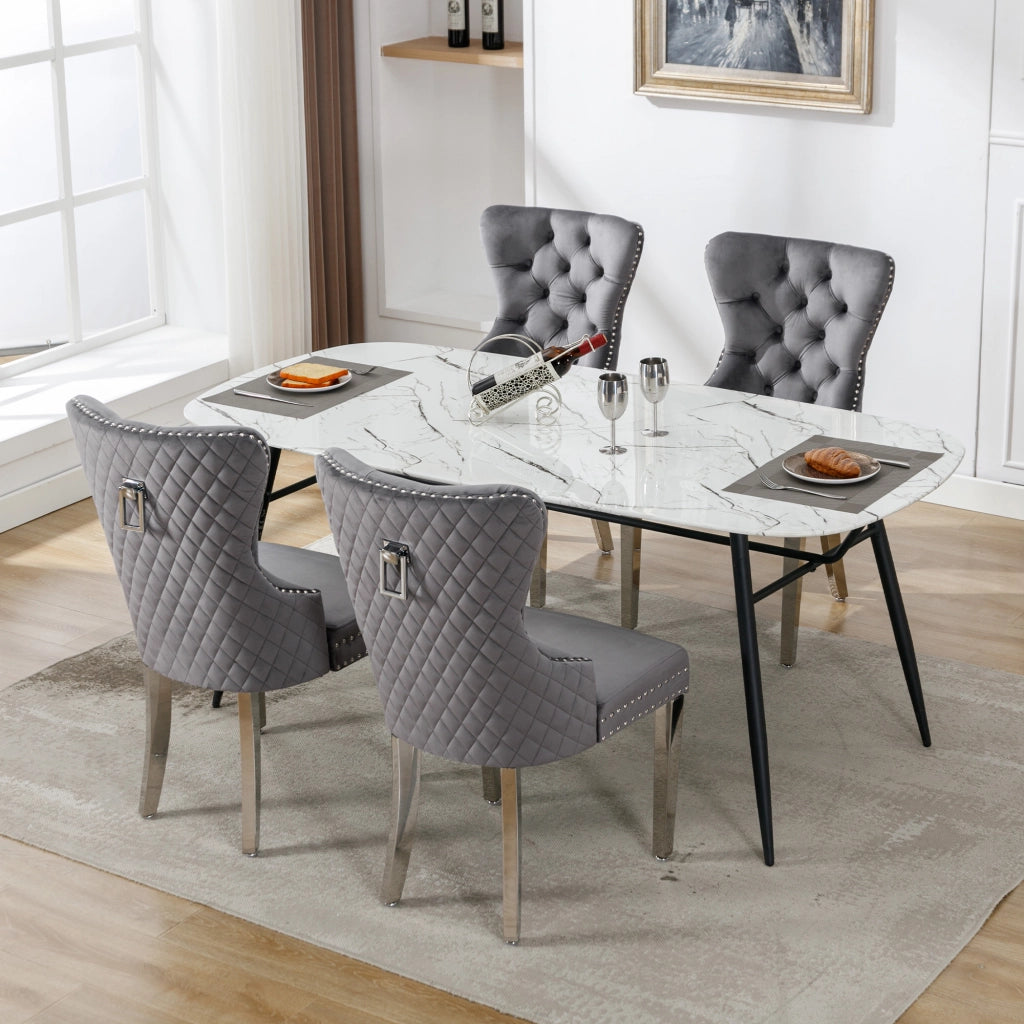 Sedie da Pranzo Set 4 Pezzi ¨C MINIMAL ¨C Velluto Grigio, Gambe in Metallo, Schienale con Borchie