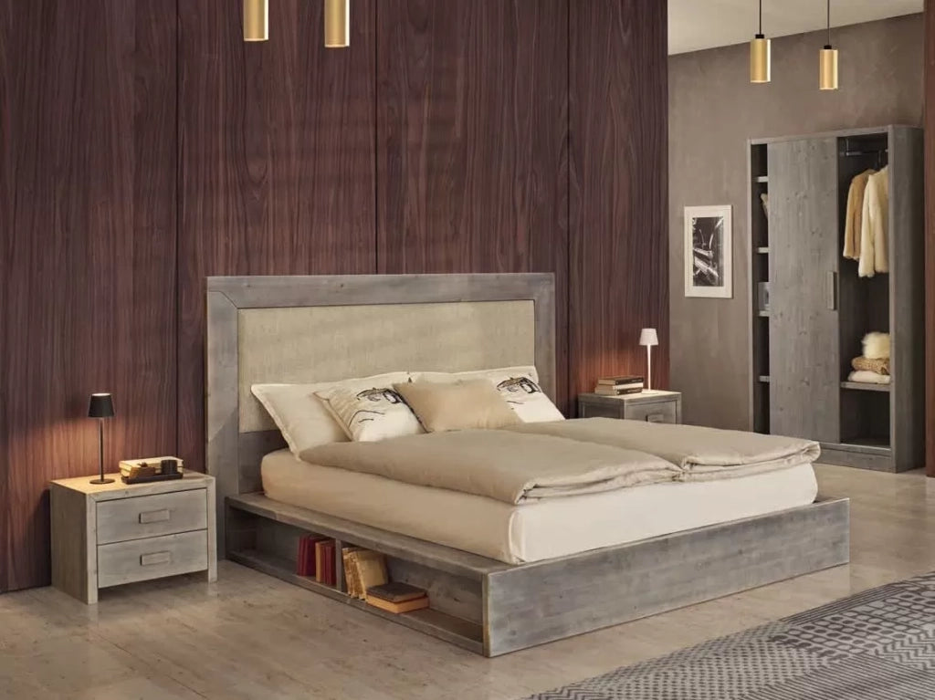 Letto cortina matrimoniale in legno di abete grigio con vani laterali - Mobili 2G
