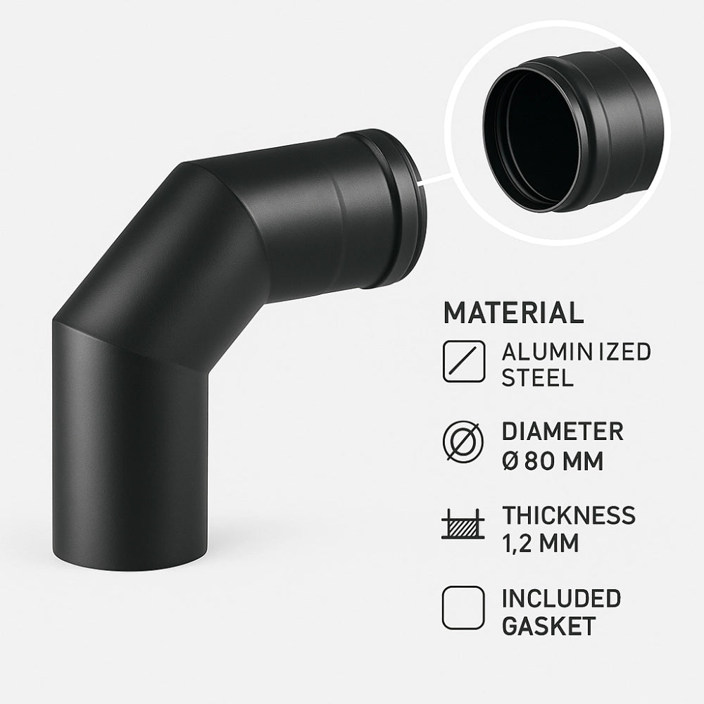 Curva 90° modifica direzione canale fumo diametro 80 mm sp. 1,2 mm stufa pellet