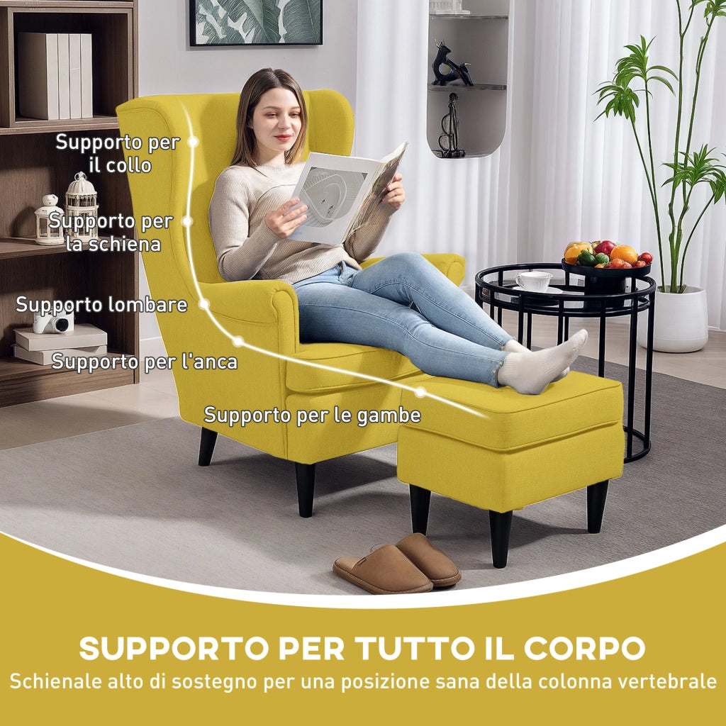 Poltrona con Poggiapiedi in Stile Moderno 75x83x104 cm in Tessuto Effetto Lino e Legno Giallo