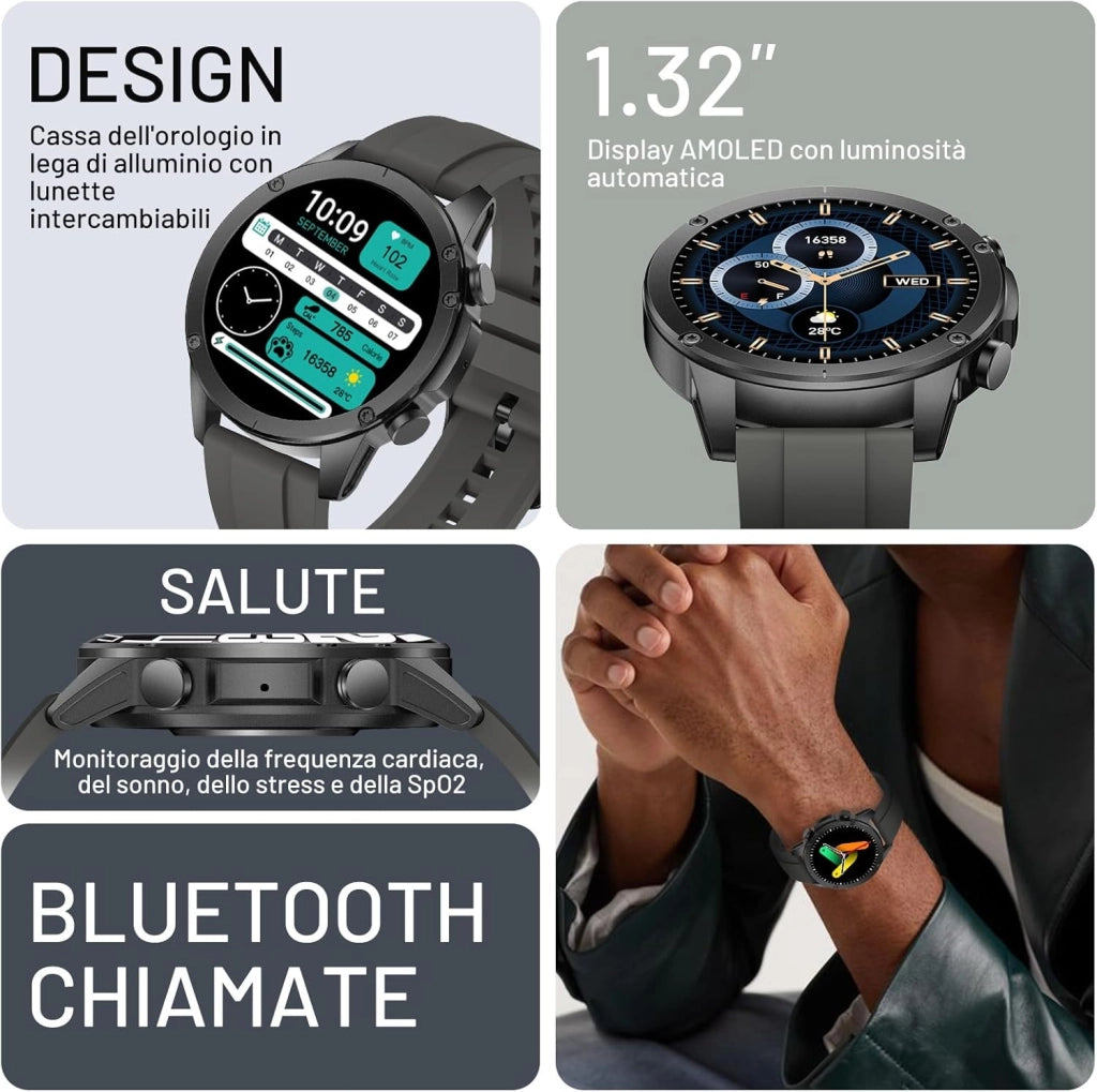 Smartwatch Uomo Militare, 1.43" AMOLED Orologio Smartwatch con Chiamate Bluetooth, 120 Sportive Smart Watch con Contapassi/Sonno/Cardiofrequenzimetro/SpO2, Impermeabil IP68 Smartband per Android iOS