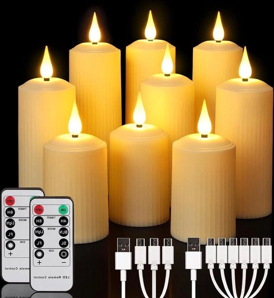 Set di candele LED ricaricabili con telecomando - timer - funzione lampeggiante - 9 pezzi - impermeabile - 105/14/17 cm