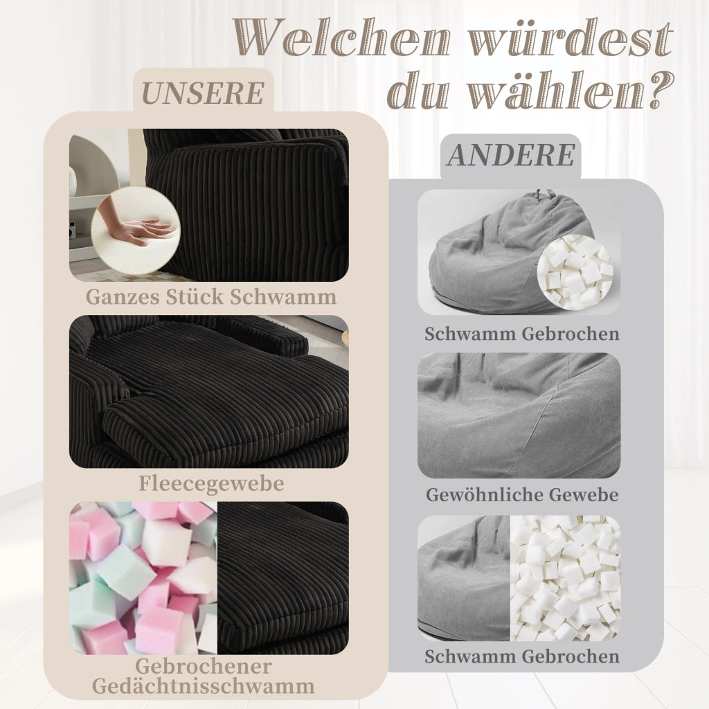 Méridienne Poltrona con 3 Cuscini, Design Ergonomico e senza Montaggio, in Velluto a Coste Nero 125 × 155 × 63 cm
