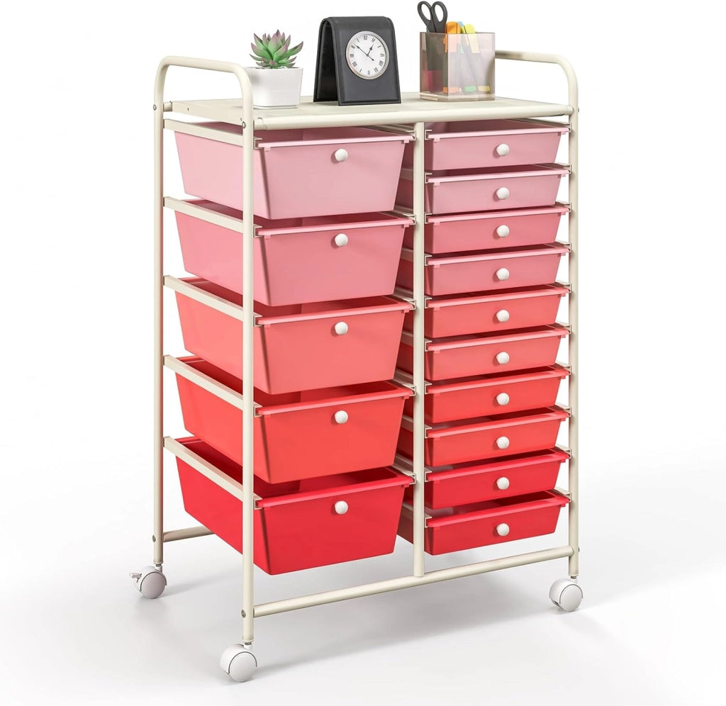 Carrello con 15 Cassetti, Impilabile, con Ruote Bloccabili per Cucina, Bagno, Ufficio - 63 x 37 x 87 cm (Rosa)