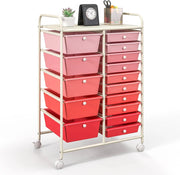Carrello con 15 Cassetti, Impilabile, con Ruote Bloccabili per Cucina, Bagno, Ufficio - 63 x 37 x 87 cm (Rosa)
