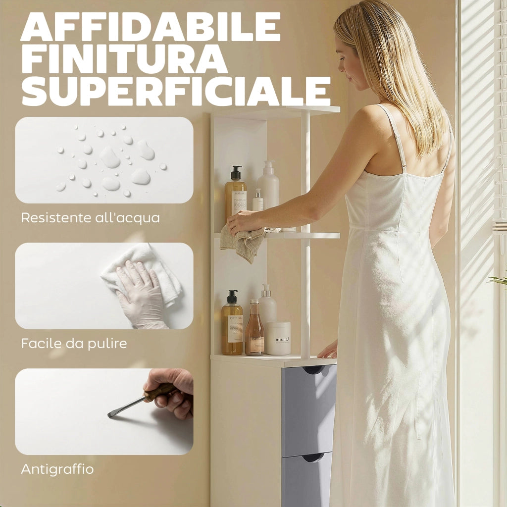 Mobile Bagno Salvaspazio con Armadietto, Ripiani e Cassetti ¨C Zephmum ¨C Grigio Chiaro 15x33x136.8 cm