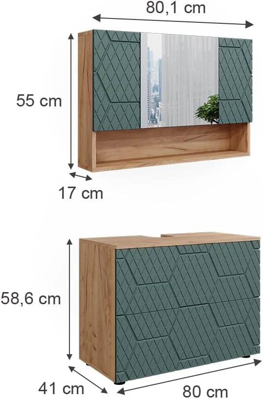 Set mobili bagno Irma, Quercia verde/oro, 80 cm, composto da specchio da bagno e mobile sottolavabo