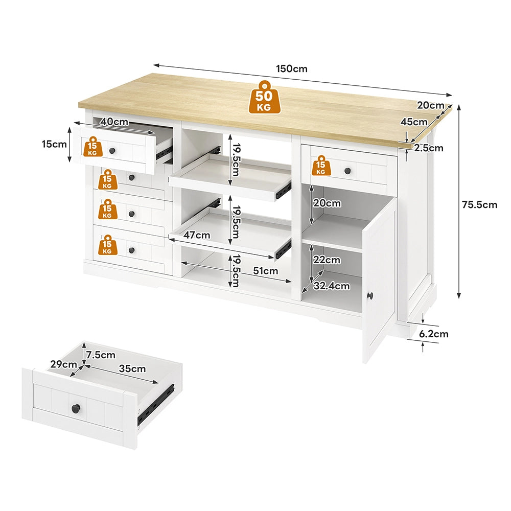 Buffet bar con prese - Xylo - 150x65x75cm bianco 5 cassetti