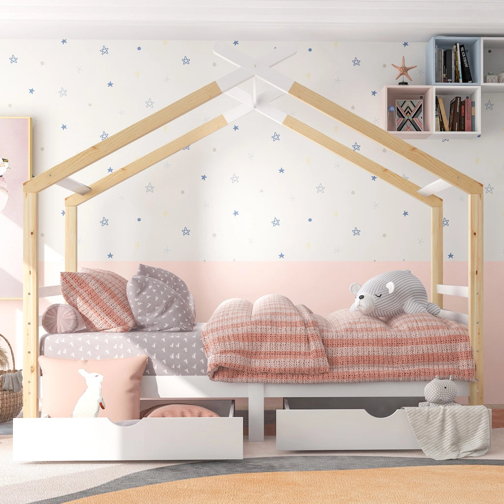 Letto a casa per bambini bianco con cassetti in legno massello di pino 90x200 cm
