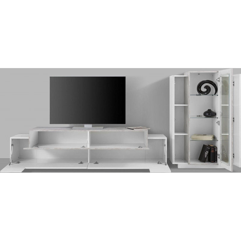 Set Soggiorno Coro 200 – Mobile + Vetrina – Bianco e Cemento