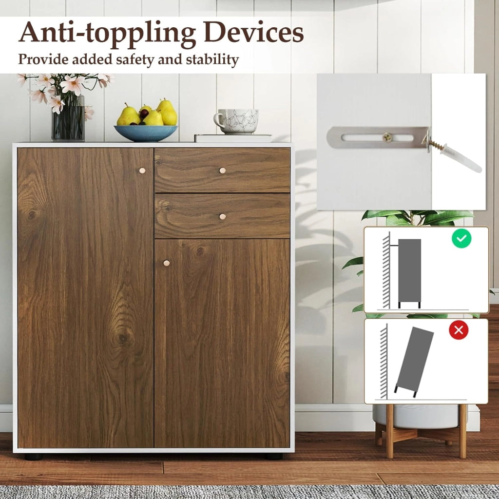 Mobile Dispensa con 2 Cassetti, Credenza da Cucina con 2 Ante, Mobiletto Basso con 3 Ripiani Regolabili, Armadio a Buffet per Sala da Pranzo, Soggiorno, 74x35x85,5 cm(L x P x A) (Naturale)