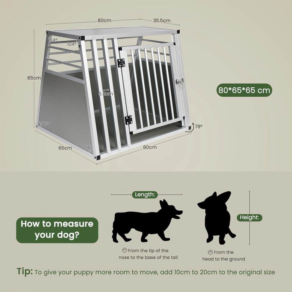 Trasportino Cane Auto, Trasportino Cani Grande in Alluminio, Box Trasporto per Cani Grande Media, Cuccia Cane Esterno, Kennel per Canette con Chiusura per Viaggio Trasporto 80x65x65cm