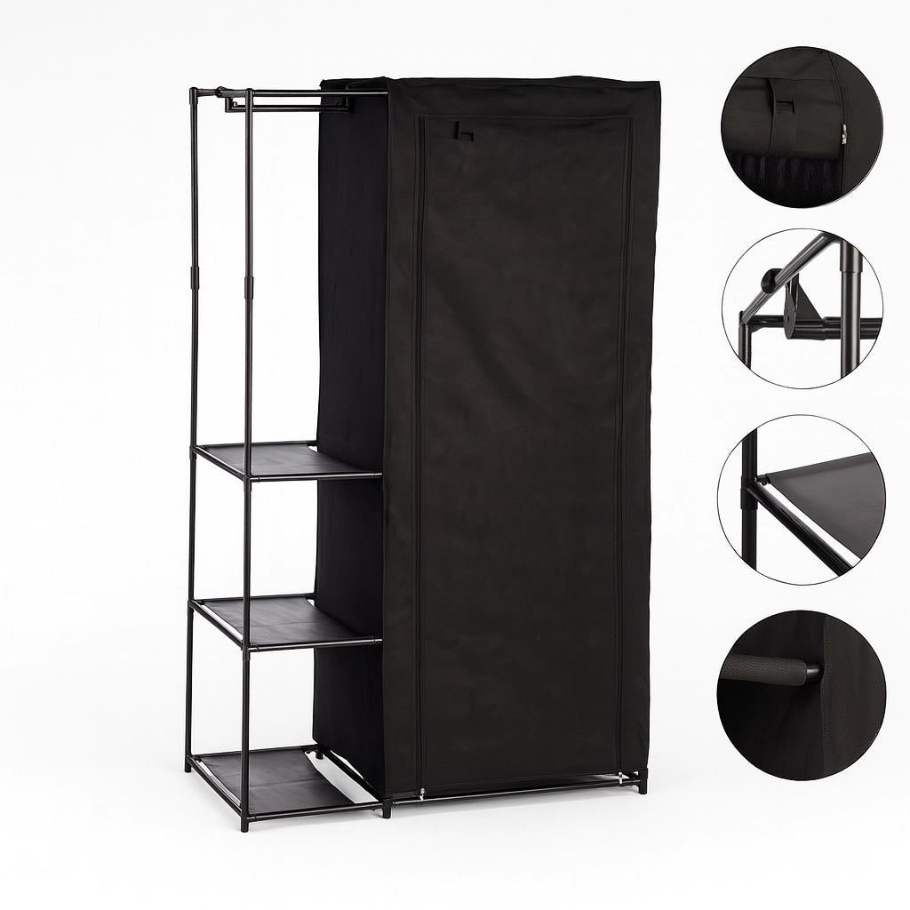 Armadio Doppio Salvaspazio Metallo e Tessuto TNT Appendiabiti 105x43x172cm Nero