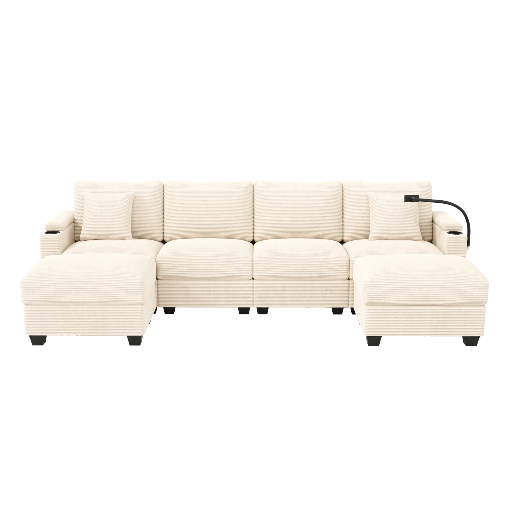 Divano modulare angolare in corduroy beige con USB, supporto telefono, contenitore e cuscini