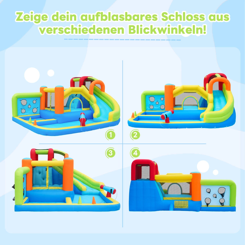 Castello gonfiabile multifunzione con scivolo d'acqua trampolino parete da arrampicata e soffiatore 450 W in tessuto oxford blu