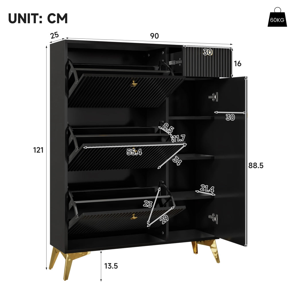 Scarpiera con 3 ante a ribalta 1 cassetto e 1 anta, superficie ondulata, maniglie in metallo, per ingresso, nero, 90 × 25 × 121 cm
