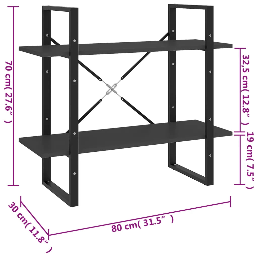 Libreria a 2 Ripiani-Scaffale per Libri-Mobile di Stoccaggio Grigia 80x30x70 cm in Legno Multistrato