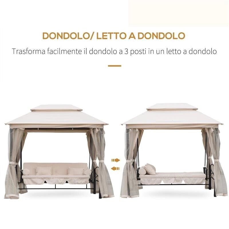 DONDOLO A GAZEBO RECLINABILE 3 POSTI CON ZANZARIERA E CUSCINI BEIGE