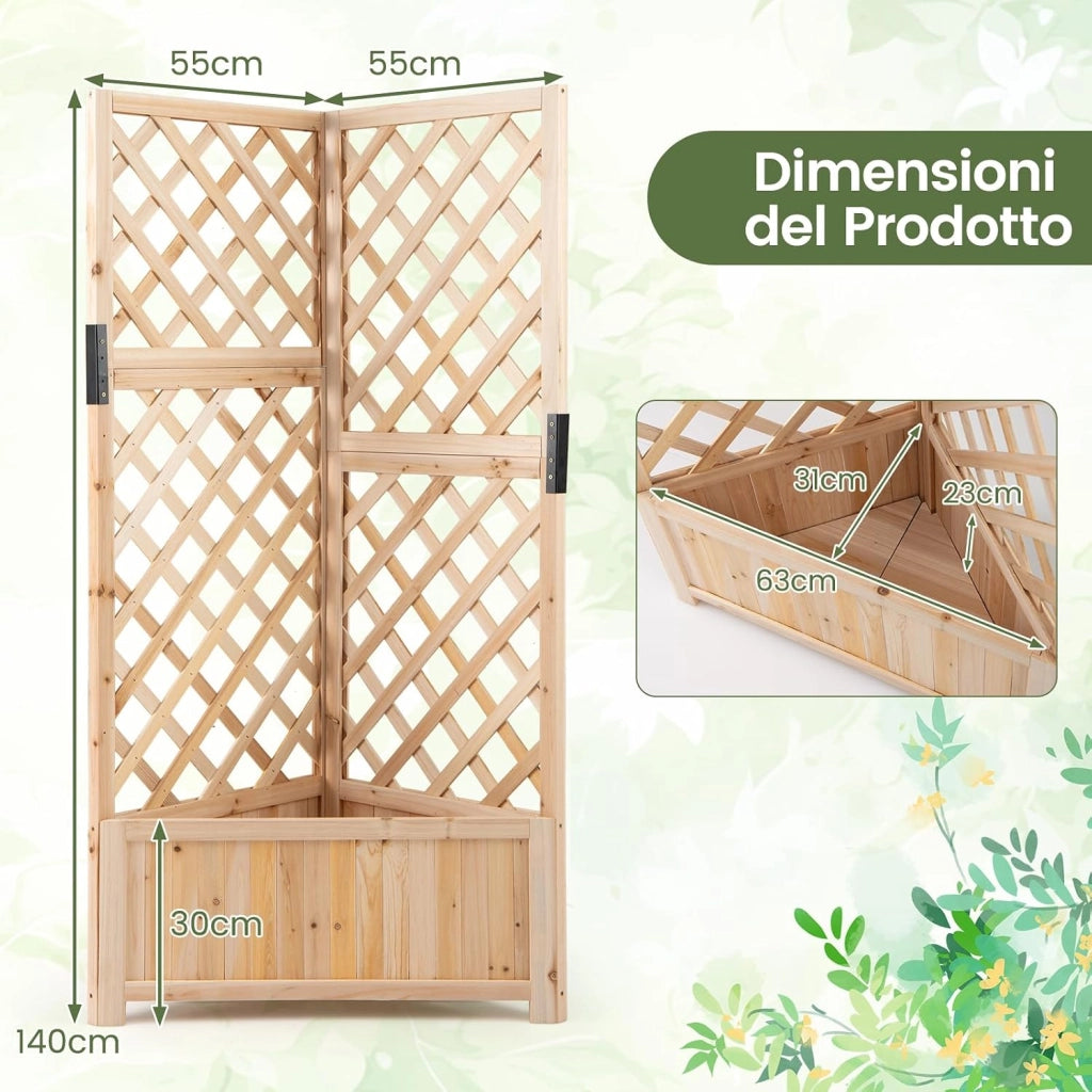 Letto da Giardino Rialzato ad Angolo con Traliccio e Fori di Drenaggio, Fioriera in Legno Elevata per Piante Rampicanti, Fiori e Verdure, Ideale per Interno ed Esterno (Naturale)