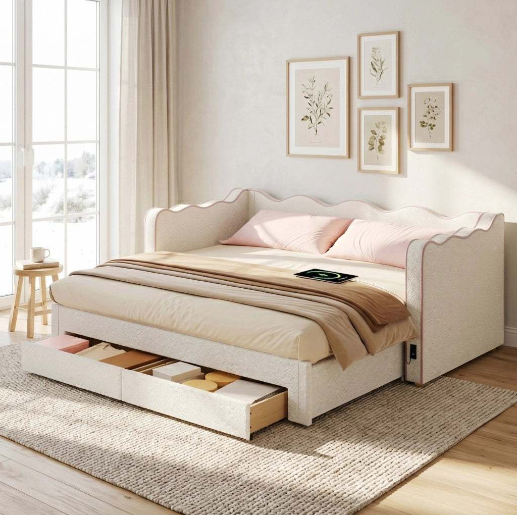 Letto singolo estraibile bouclé beige 90x200 con USB-C