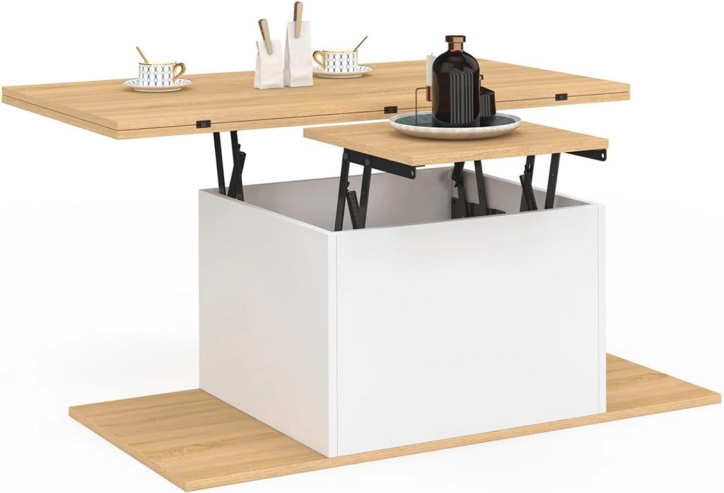 Tavolino rettangolare alzabile EDEN in legno e bianco con poggiapiedi