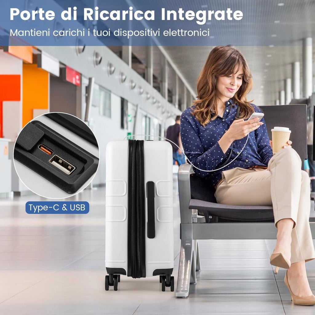 Valigia Bagaglio a Mano 20" con Tasca Frontale, Porta USB, Trolley Bagaglio a Mano con Serratura, Ruote Girevoli, Manico Regolabile (Senza Beauty + Bianco)