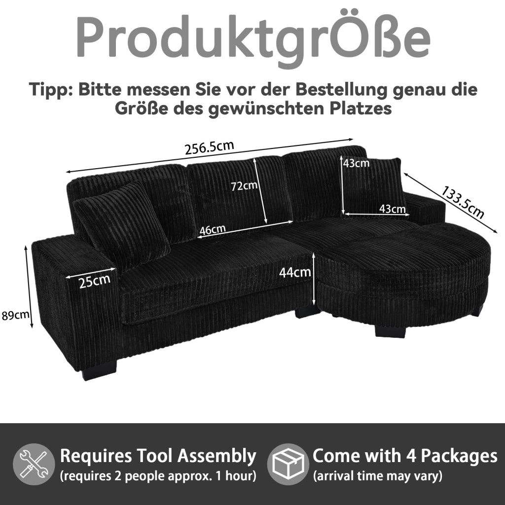 Divano angolare modulare in velluto a coste con pouf ovale reversibile e 2 cuscini nero 256,5 × 133,5 × 89 cm