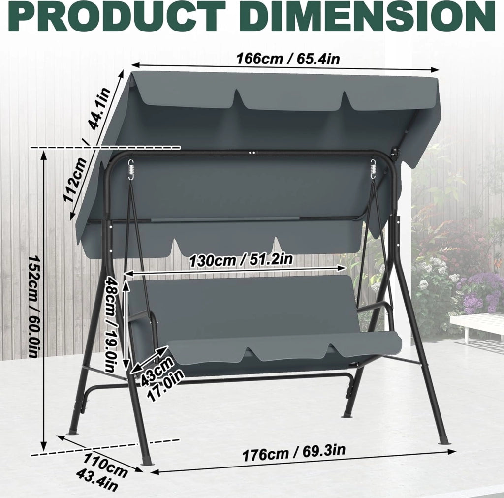 Dondolo da giardino a 3 posti, con rivestimento regolabile sul tetto, per giardino, altalena sospesa, portata fino a 200 kg, 175,5 x 110 x 152 cm, antracite