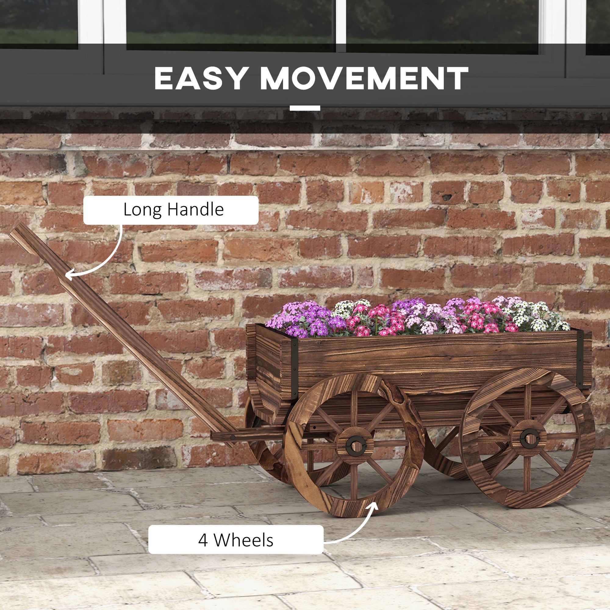 Fioriera in Legno con Ruote e Manico 120x41x54cm Fori di Drenaggio e Finitura Carbonizzata