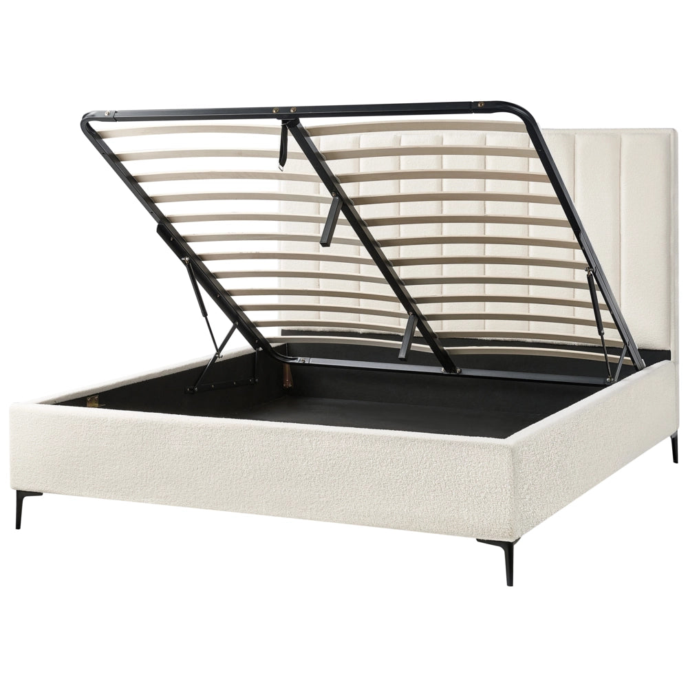 Letto Matrimoniale con Contenitore in tessuto bouclè bianco sporco 180 x 200 cm gambe in metallo Nero