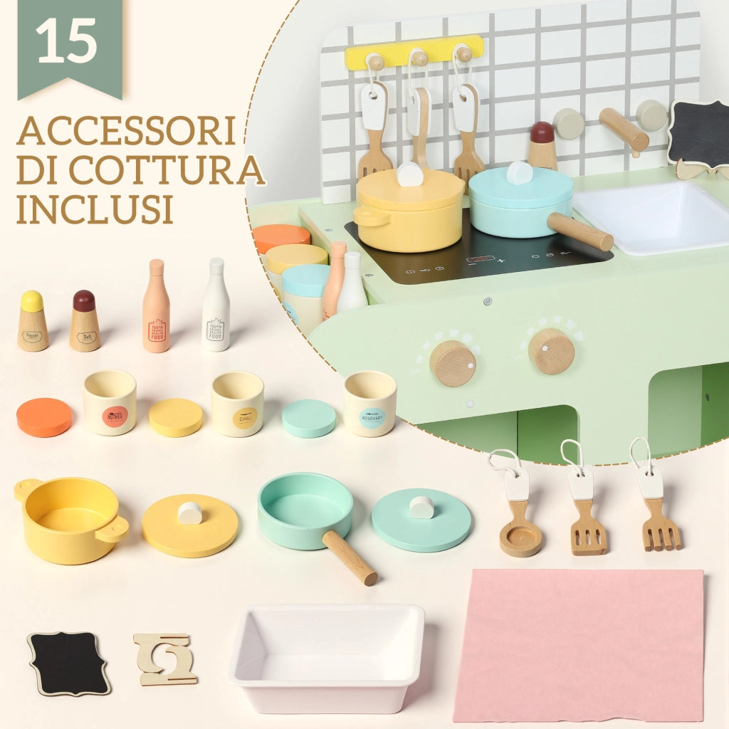 Set Cucina Giocattolo in Legno per Bambini da 3+ Anni con 15 Accessori, Verde