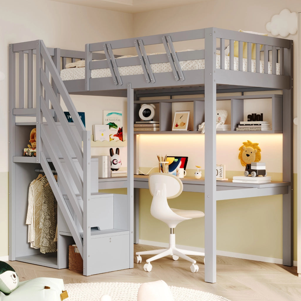 Letto a soppalco 90x200 cm con scala contenitore; scrivania; USB e LED; legno massello grigio