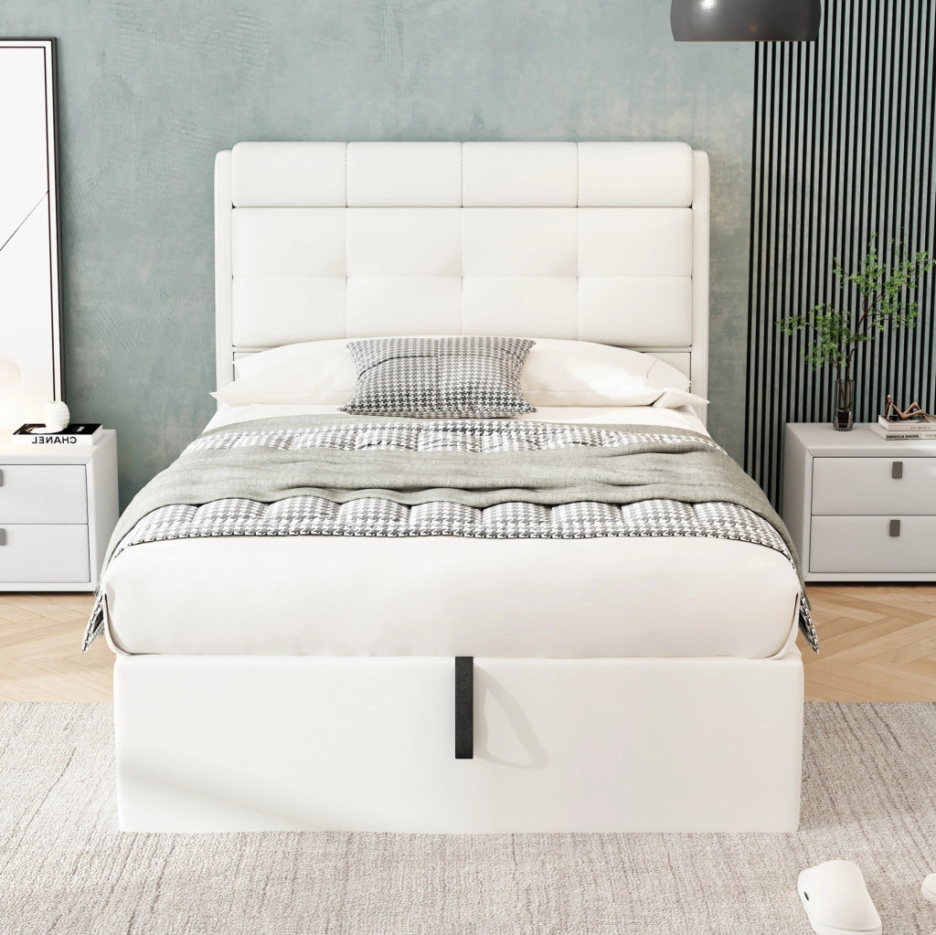 Letto imbottito 90x200 cm in PU bianco con sollevamento idraulico; contenitore e rete a doghe