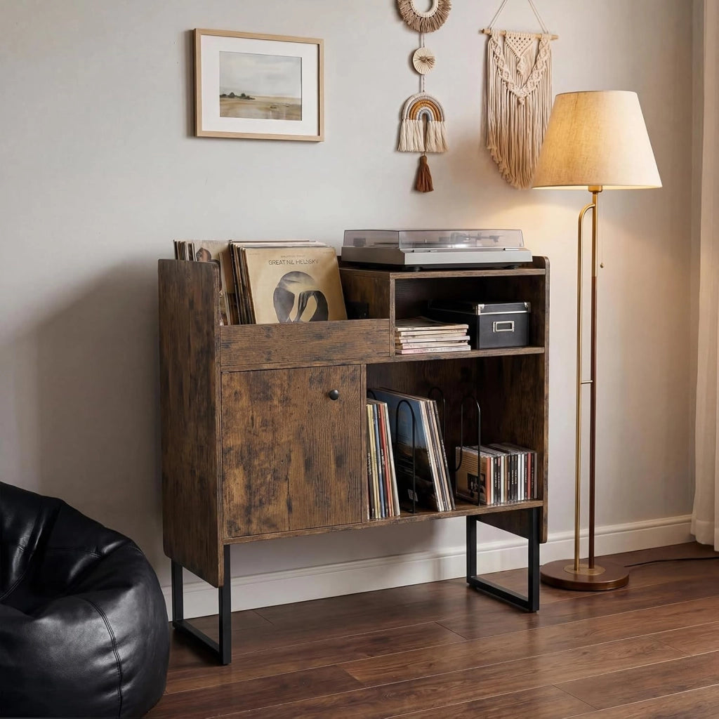 Mobile Giradischi con Stazione di Ricarica, Supporto Porta Vinili e Dischi, Tavolino con Armadietto e Scomparti Aperti, Stile Vintage, in Legno e Metallo, 80 x 35,5 x 85,5 cm