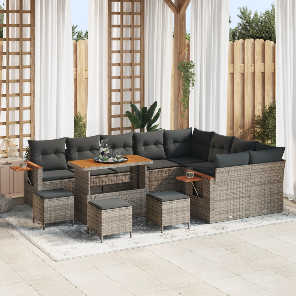 Set divano da giardino di 13 pezzi con cuscini grigio in polyrattan e acacia