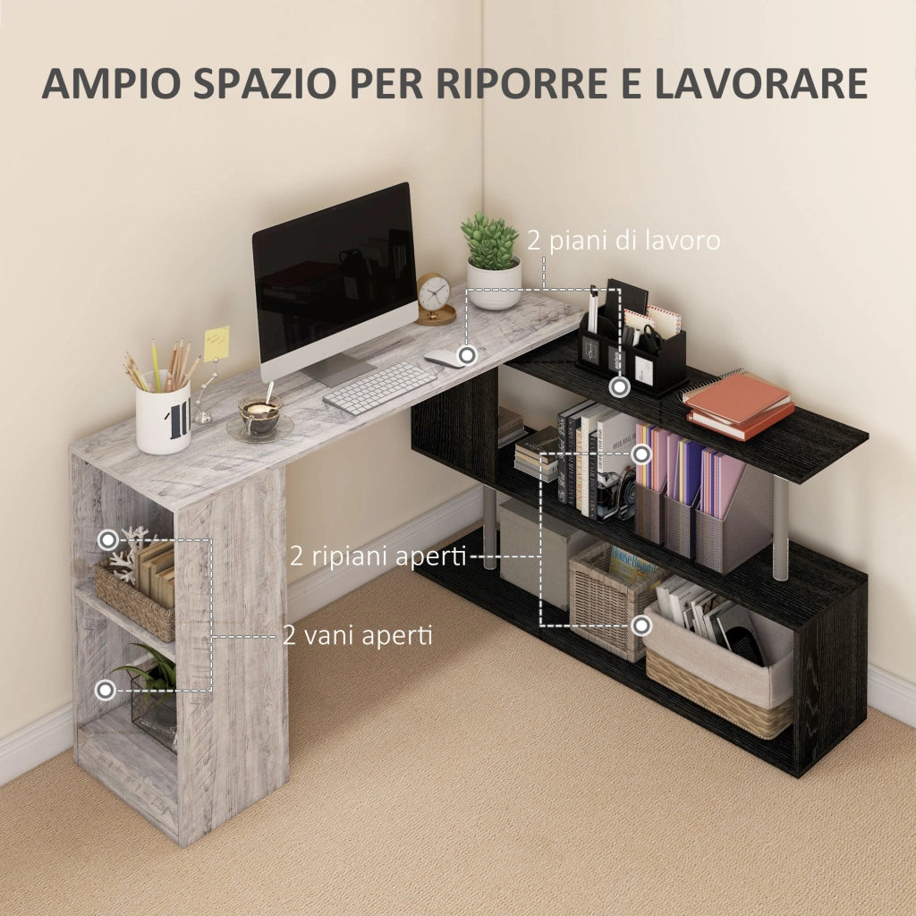 Scrivania Angolare da Ufficio 140x120x78 cm con Cassetti e Scaffale Girevole Grigio effetto Legno