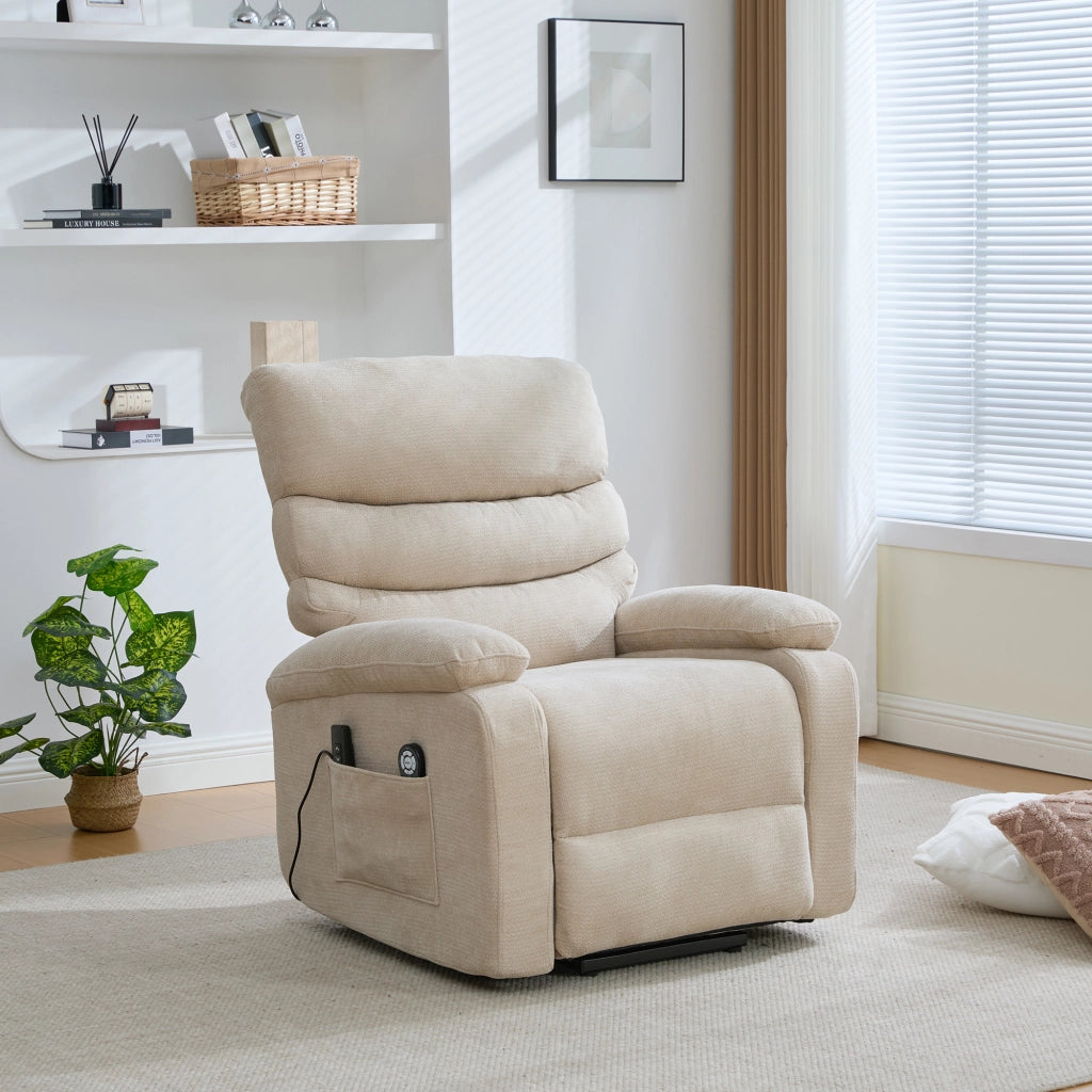 Poltrona Relax Elettrica Massaggiante con Alzapersona ¨C MINIMAL ¨C Reclinabile, Poggiapiedi, Tessuto Kaki Chiaro