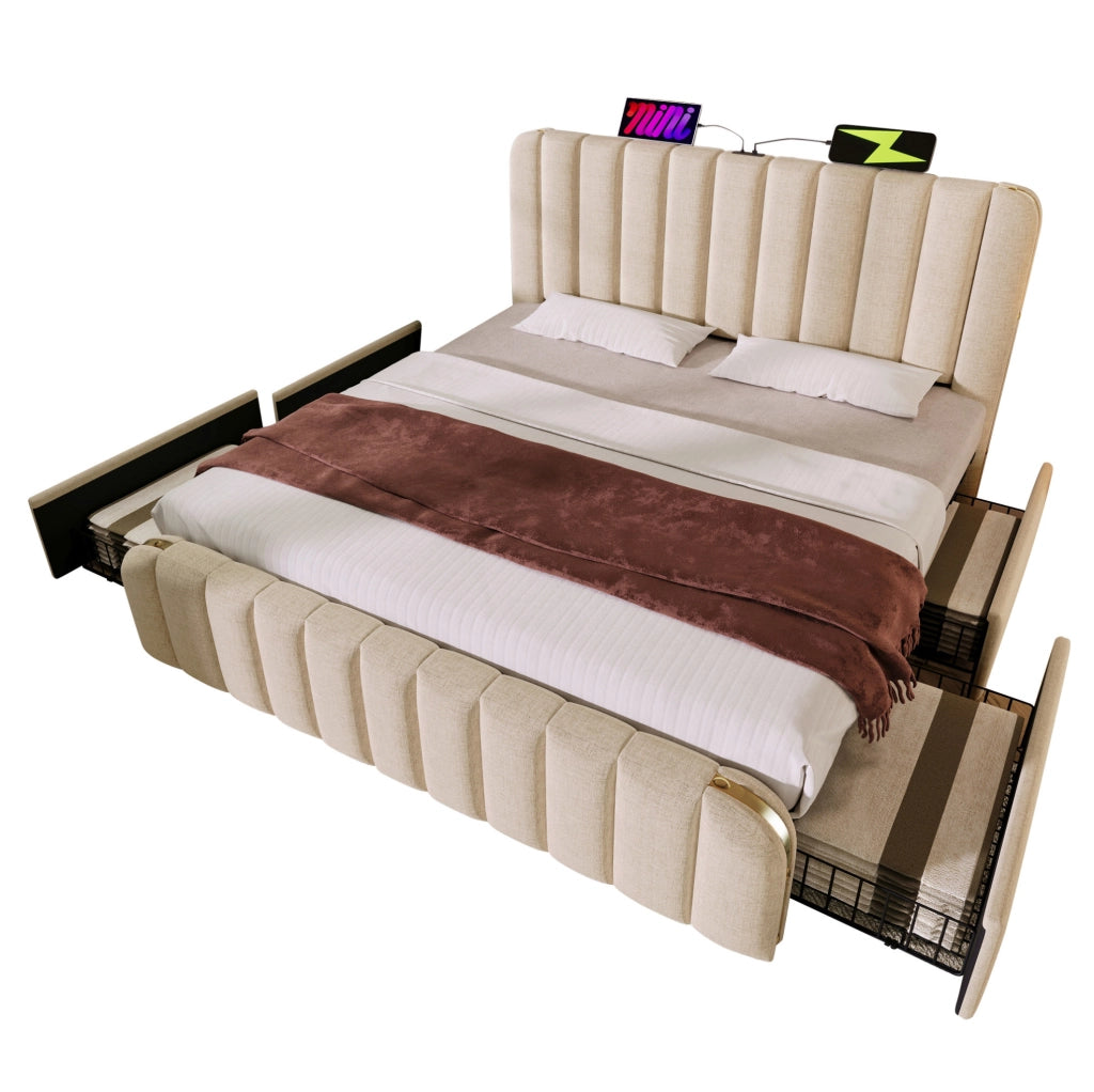 Letto matrimoniale beige 140x200 cm con materasso H3, 4 cassetti e USB-C