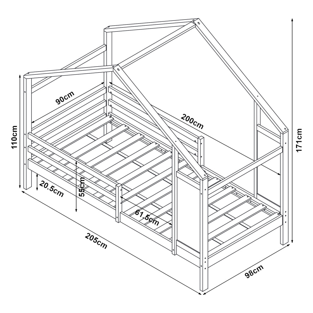 Letto a Casetta Lorenskog per Cameretta con Materasso 90 x 200 cm in Legno di Pino con Barriera Anticaduta - Bianco [en.casa]